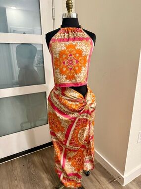 Rachel Zoe Pink Orange Gold Baroque Halter Maxi Skirt Set